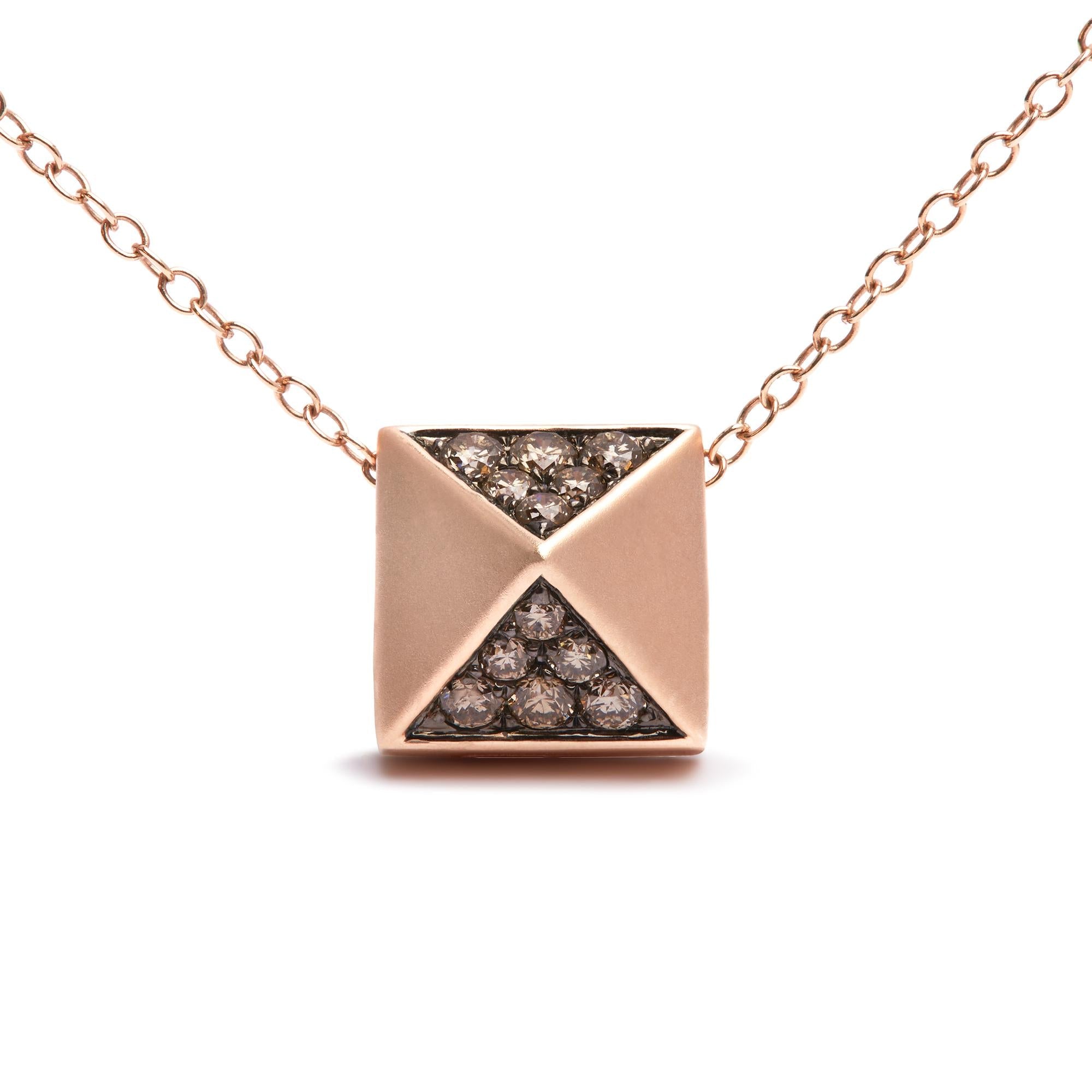 14K Rose Gold 1/4 Cttw Brown Diamond Matte Finished Pyramid Pendant Necklace (Brown Color, SI1-SI2 Clarity) - 18" Inches