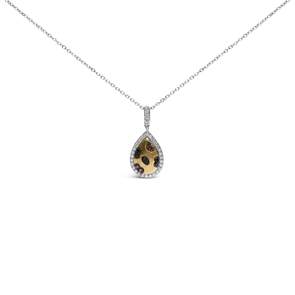 10K Yellow Gold Plated Sterling Silver Mixed Color Diamond Accent Pear Halo Pendant Necklace