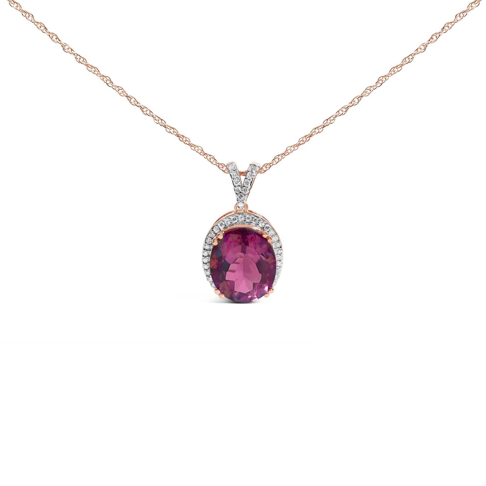 14K Rose Gold Vermeil Sterling Silver 1/5 Cttw Diamond Pink Quartz Oval Pendant Necklace