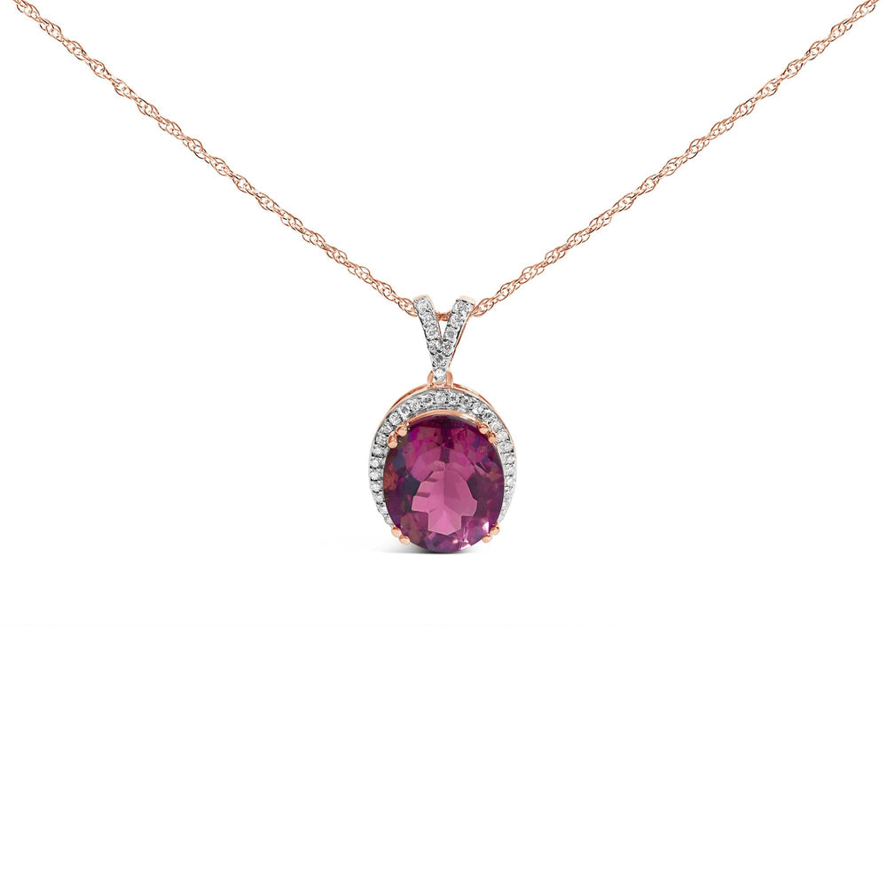 14K Rose Gold Vermeil Sterling Silver 1/5 Cttw Diamond Pink Quartz Oval Pendant Necklace