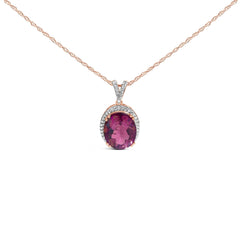 14K Rose Gold Vermeil Sterling Silver 1/5 Cttw Diamond Pink Quartz Oval Pendant Necklace