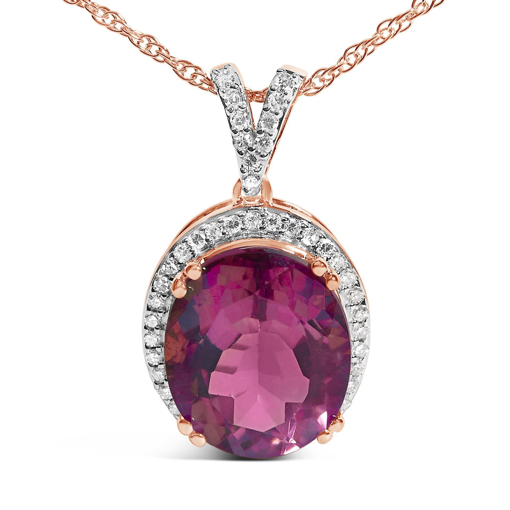 14K Rose Gold Vermeil Sterling Silver 1/5 Cttw Diamond Pink Quartz Oval Pendant Necklace