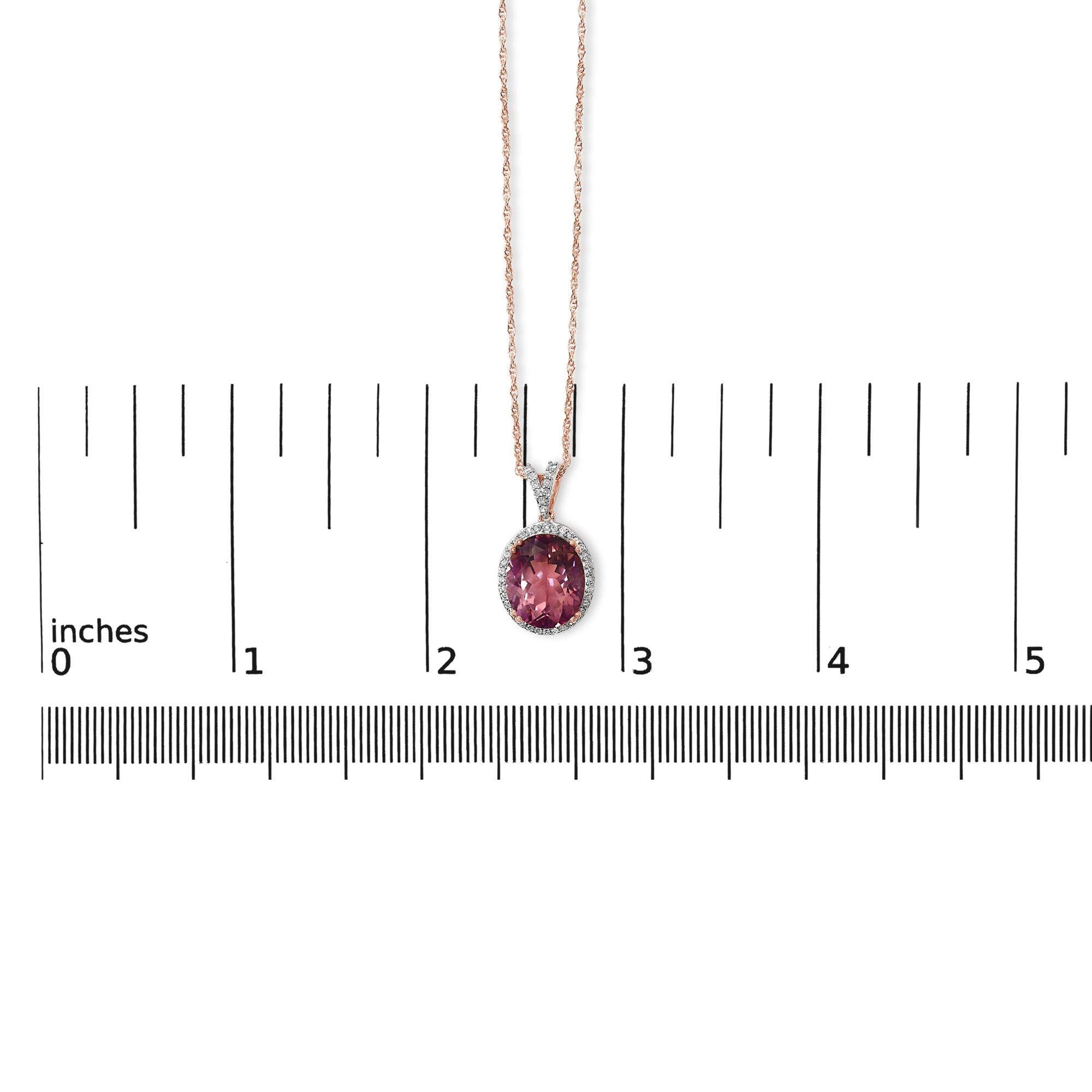 14K Rose Gold Vermeil Sterling Silver 1/5 Cttw Diamond Pink Quartz Oval Pendant Necklace