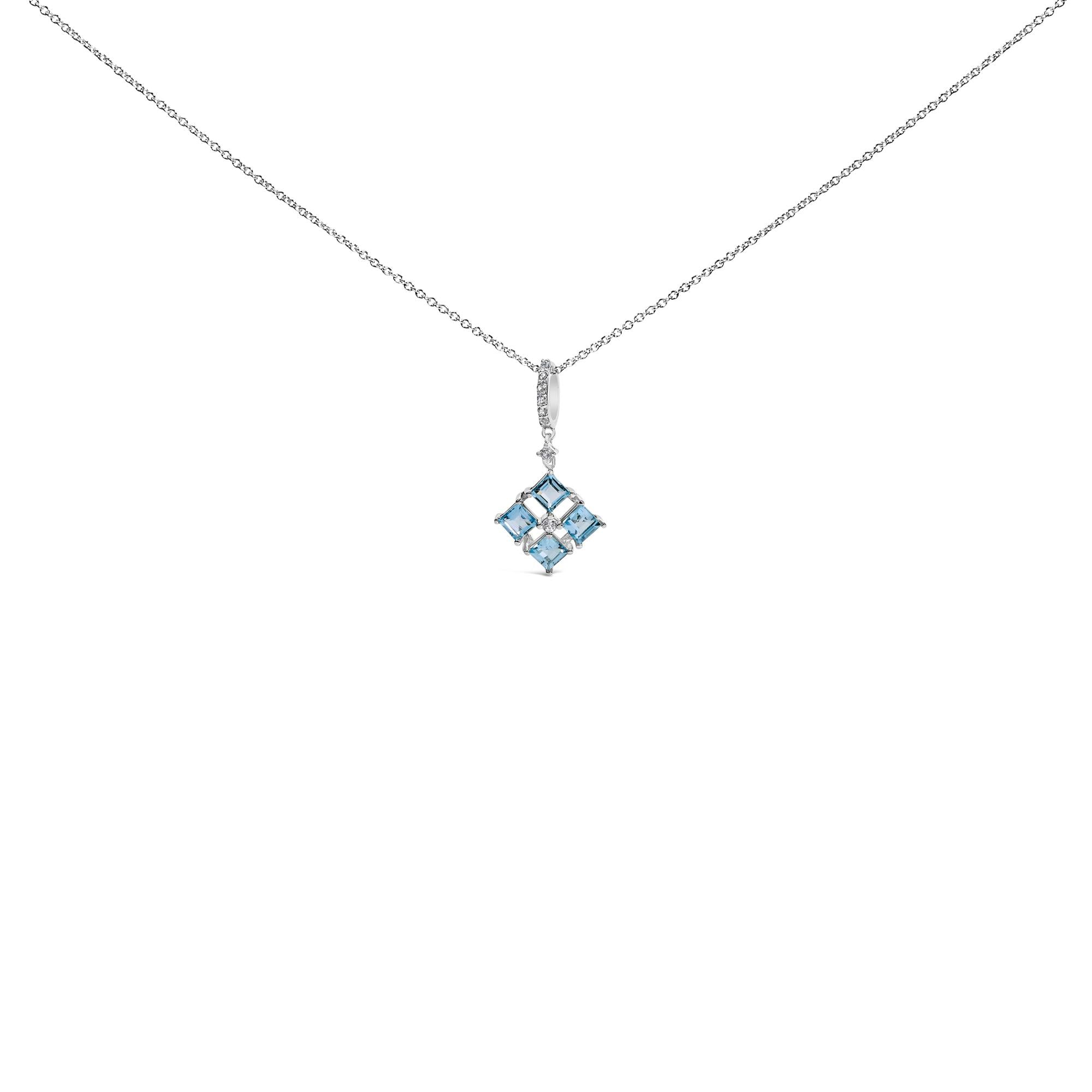Sterling Silver Blue Topaz and White Sapphire Square Motif Pendant Necklace 18 Inch