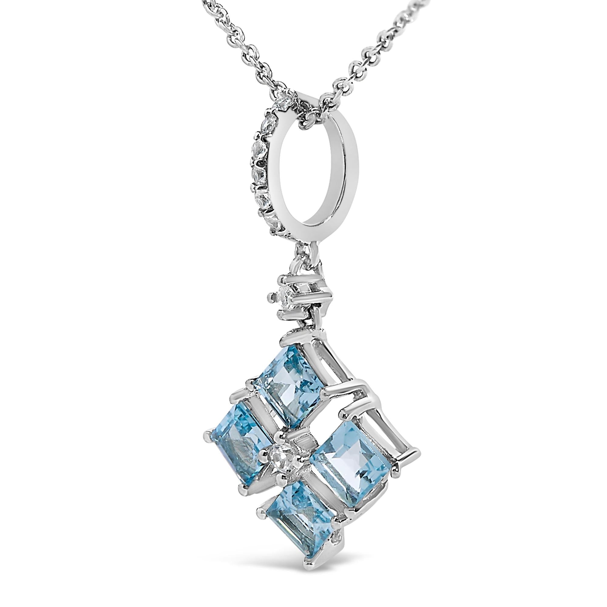 Sterling Silver Blue Topaz and White Sapphire Square Motif Pendant Necklace 18 Inch