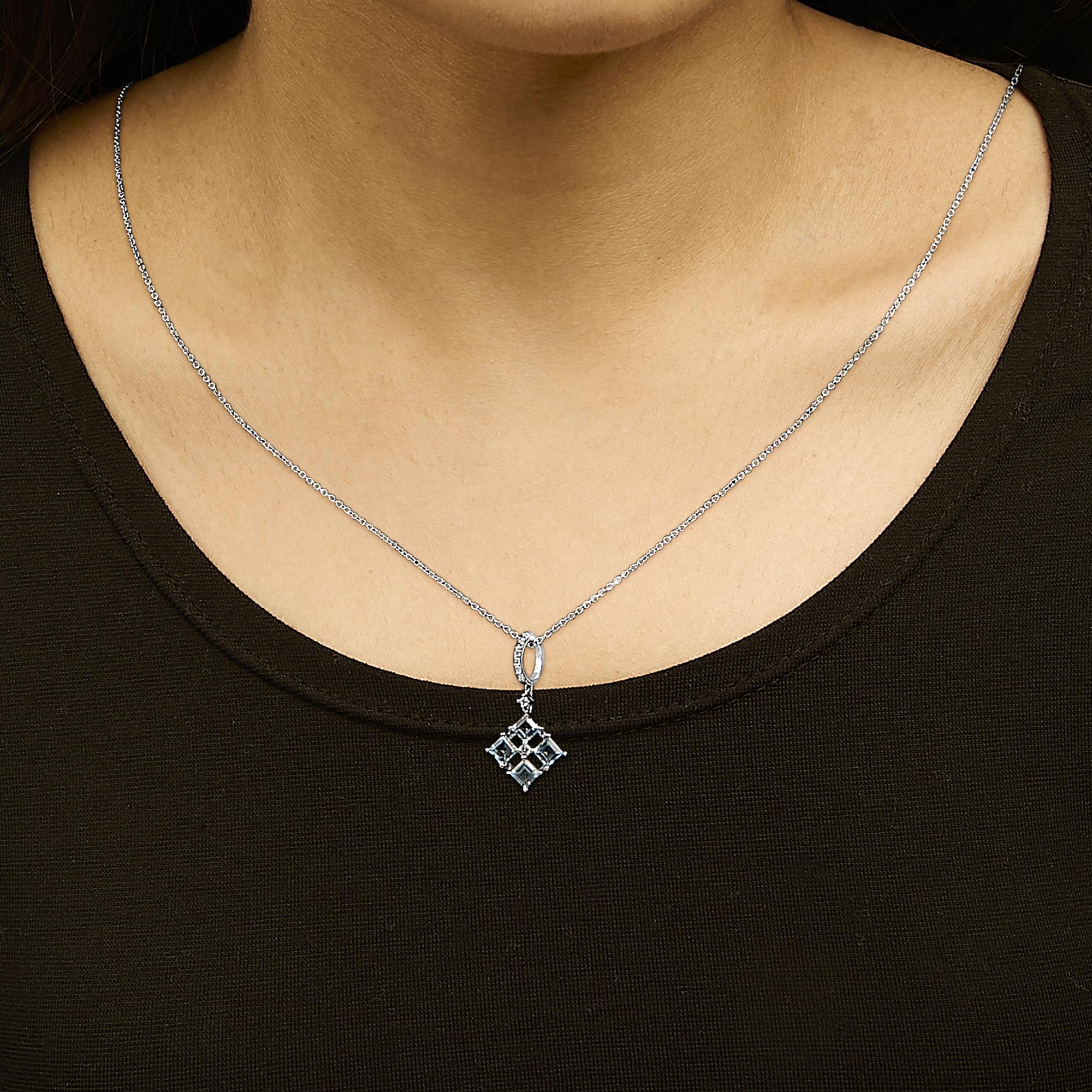 Sterling Silver Blue Topaz and White Sapphire Square Motif Pendant Necklace 18 Inch
