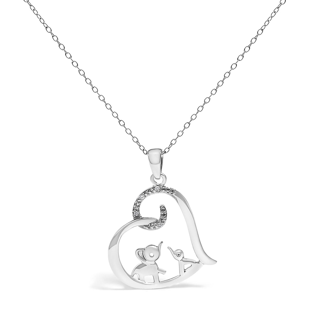 .925 Sterling Silver Double Elephant Diamond Accent Heart Pendant Necklace - Size 18 Inches (J-K Color, I2-I3 Clarity)