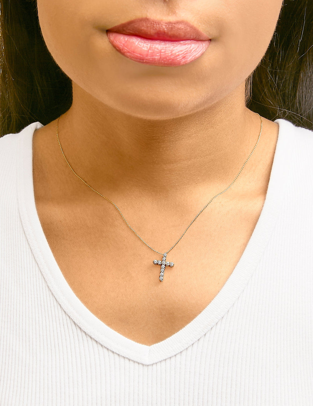 14K Gold 1/2 Cttw Lab Grown Diamond 11 Stone Cross Pendant Necklace