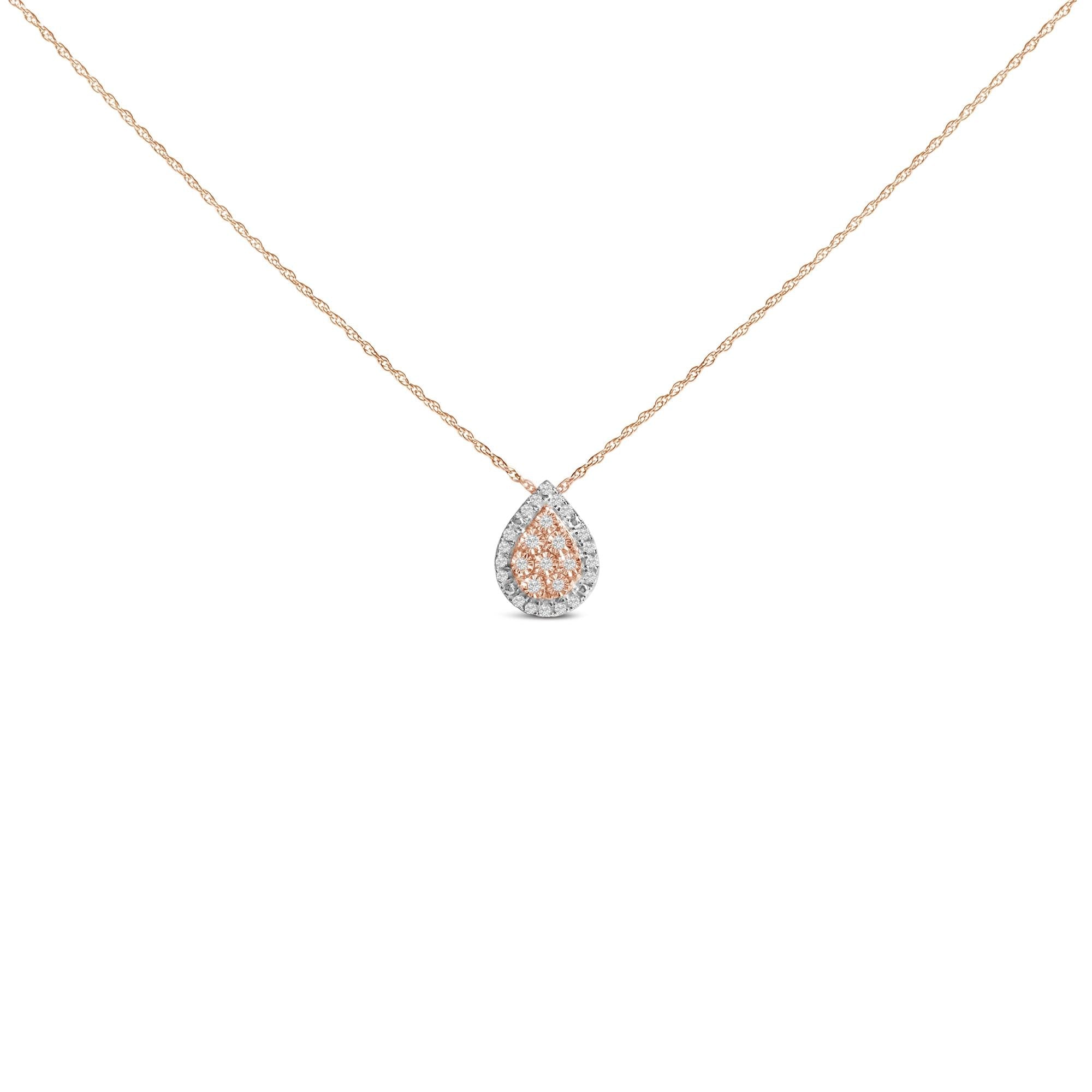 14K Rose Gold Plated Sterling Silver 1/4 Cttw Diamond Teardrop Halo Pendant Necklace