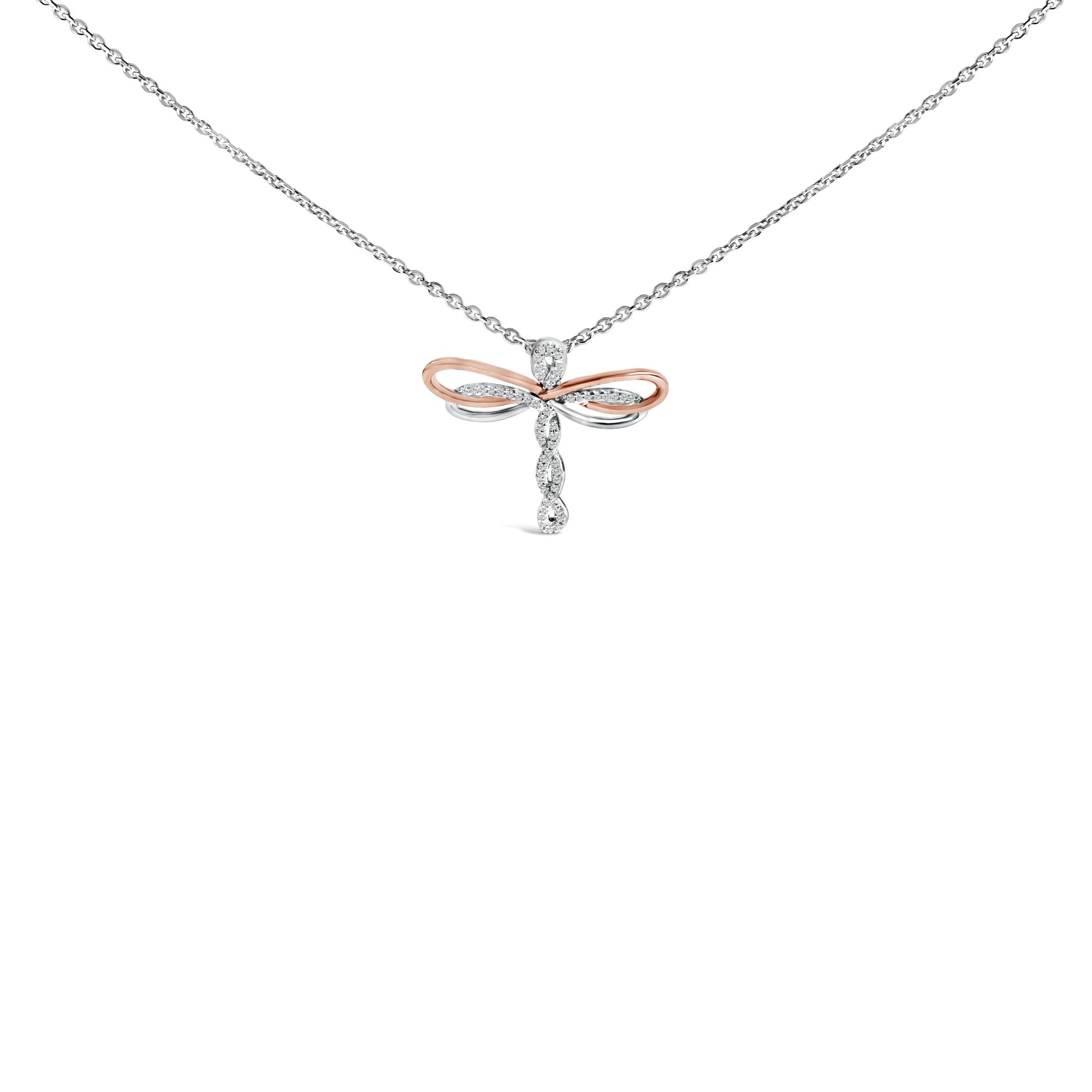14K Rose Gold Plated Sterling Silver 1/10 Cttw Diamond Dragonfly Pendant Necklace