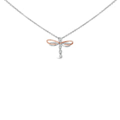 14K Rose Gold Plated Sterling Silver 1/10 Cttw Diamond Dragonfly Pendant Necklace