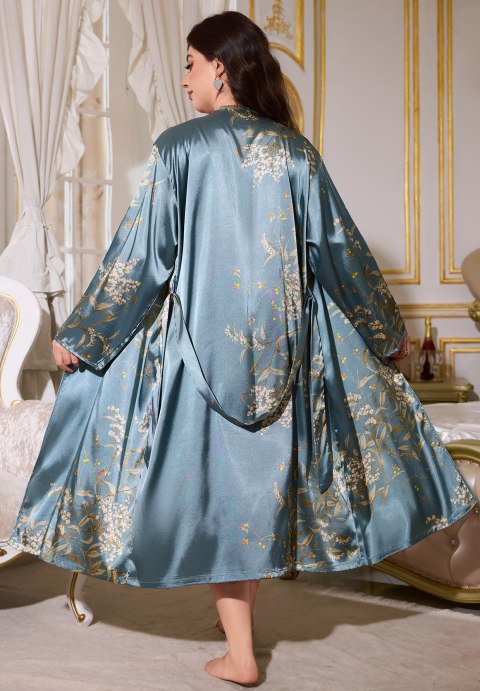 Charming Teal Satin Slip Dress with Floral Robe