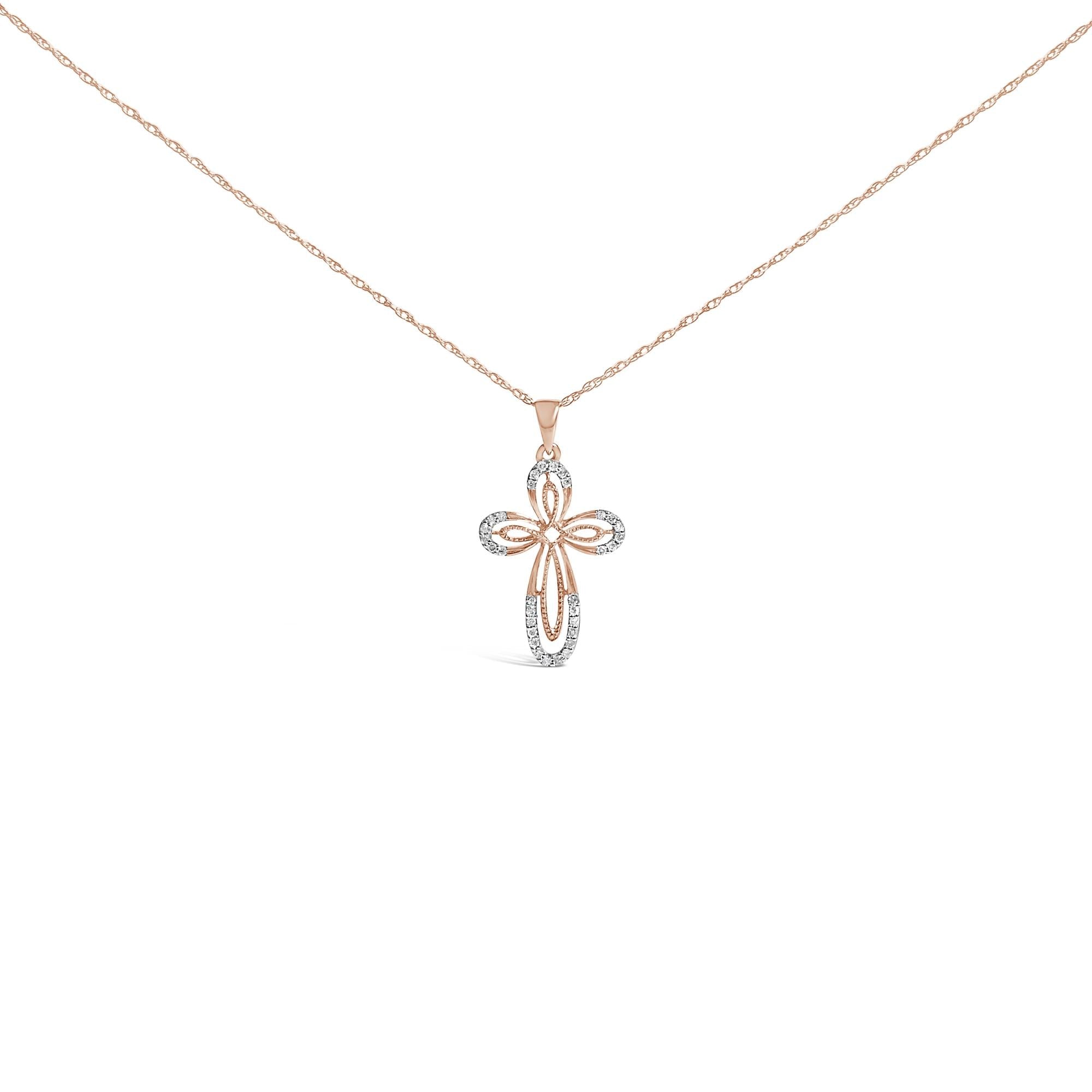 10K Rose Gold Plated Sterling Silver 1/6 Cttw Diamond Double Loop Cross Pendant Necklace