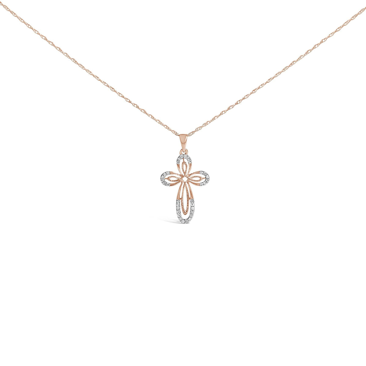 10K Rose Gold Plated Sterling Silver 1/6 Cttw Diamond Double Loop Cross Pendant Necklace