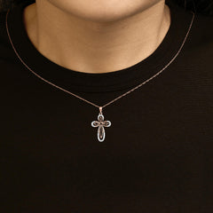 10K Rose Gold Plated Sterling Silver 1/6 Cttw Diamond Double Loop Cross Pendant Necklace
