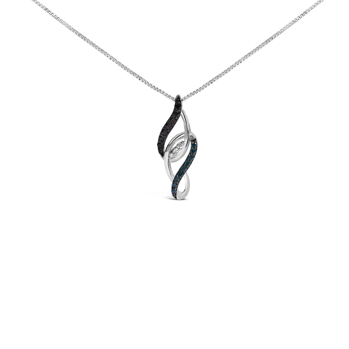 Sterling Silver 1/4 Cttw Black Blue White Diamond Linear Swirl Pendant Necklace