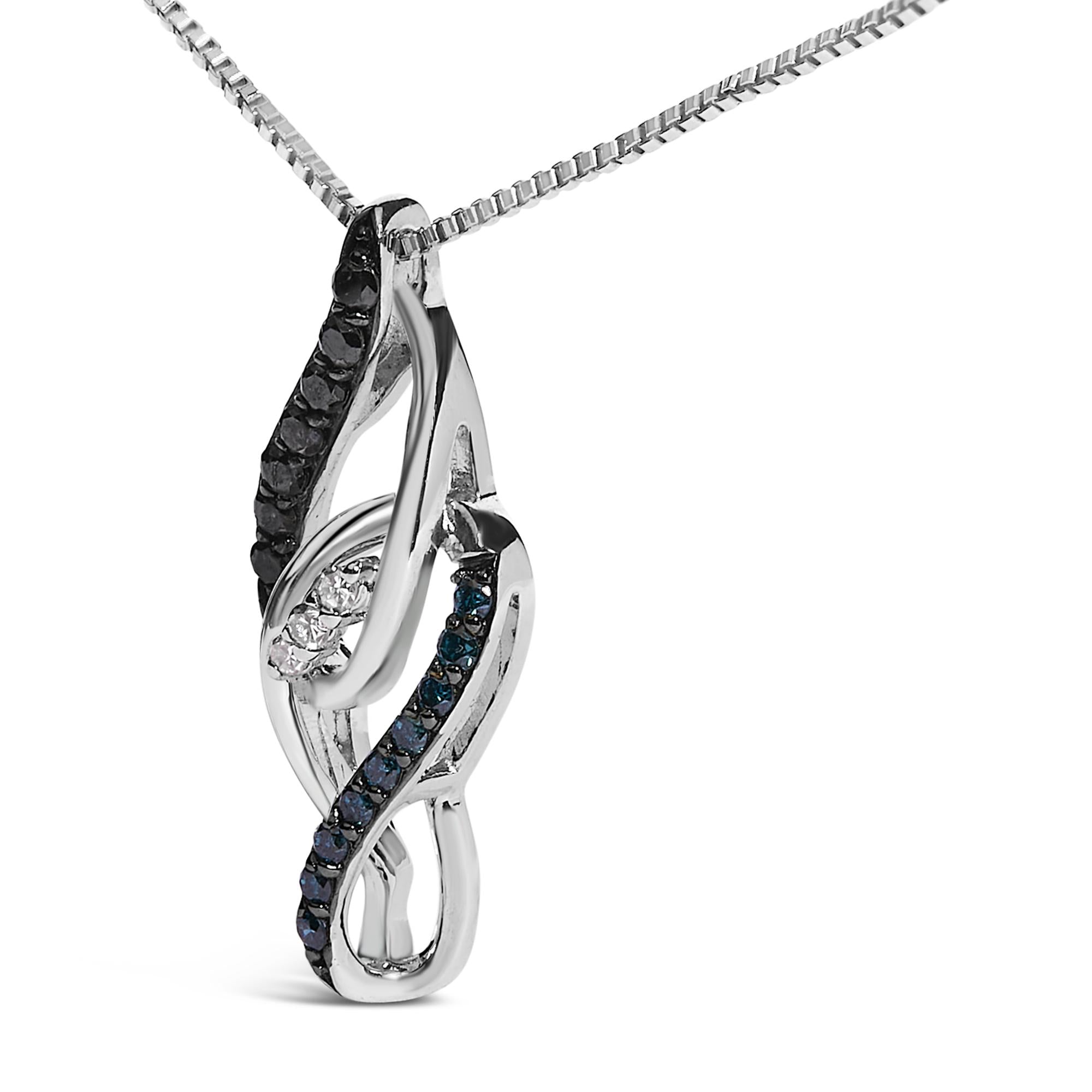 Sterling Silver 1/4 Cttw Black Blue White Diamond Linear Swirl Pendant Necklace