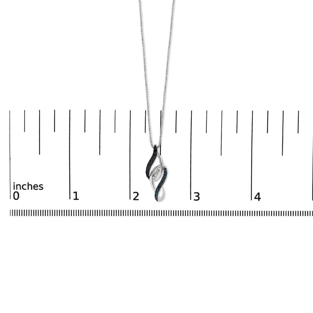 Sterling Silver 1/4 Cttw Black Blue White Diamond Linear Swirl Pendant Necklace