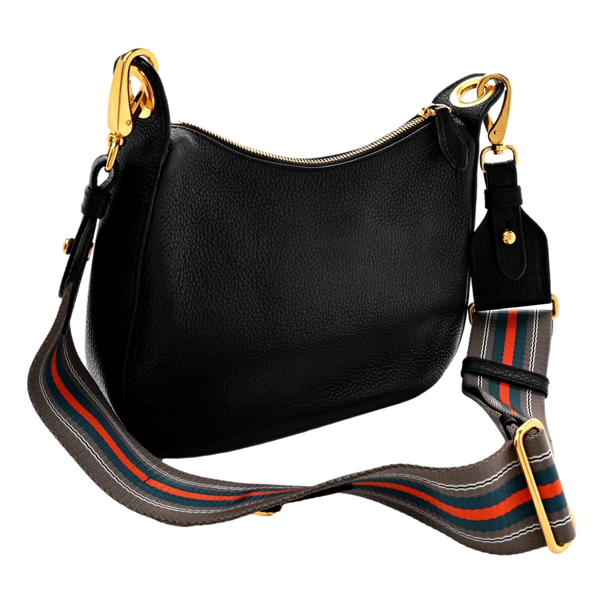 Prada Vitello Phenix Zippered Messenger Hobo Black Leather Shoulder Bag