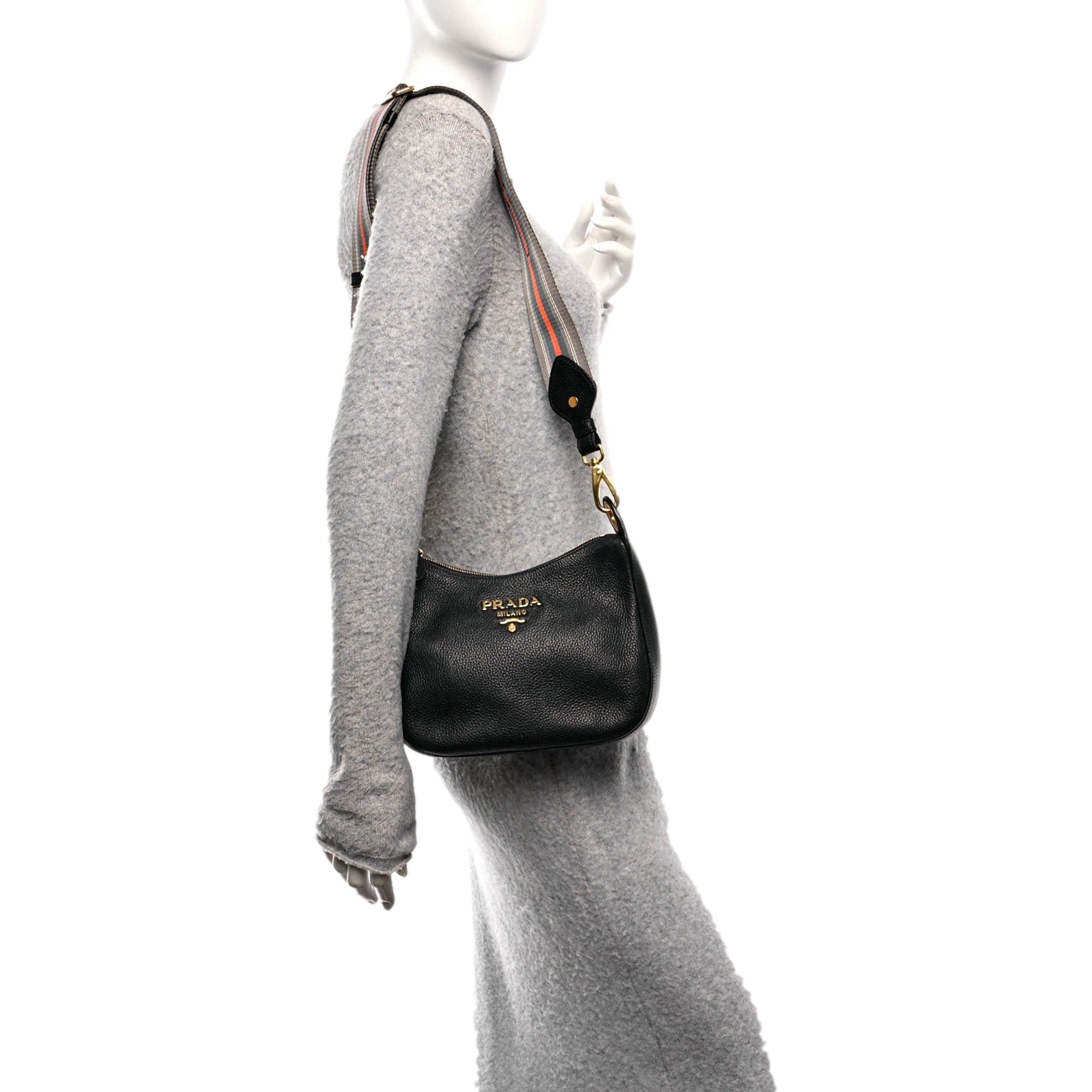 Prada Vitello Phenix Zippered Messenger Hobo Black Leather Shoulder Bag