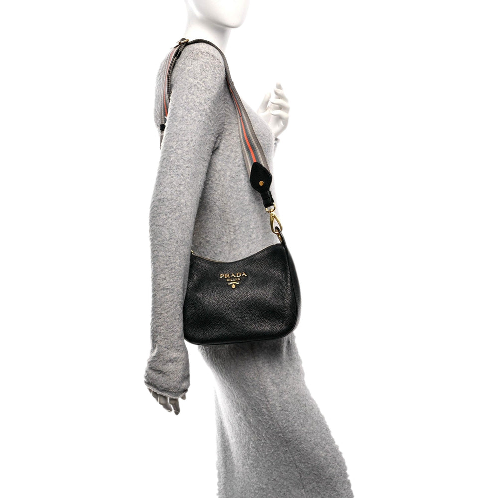 Prada Vitello Phenix Zippered Messenger Hobo Black Leather Shoulder Bag