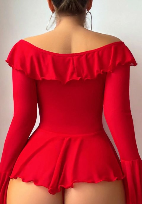 Sultry Red Ruffled Off-Shoulder Bodysuit