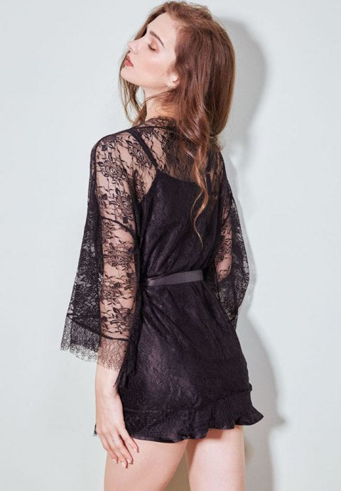 Satin Black Babydoll and Robe Set