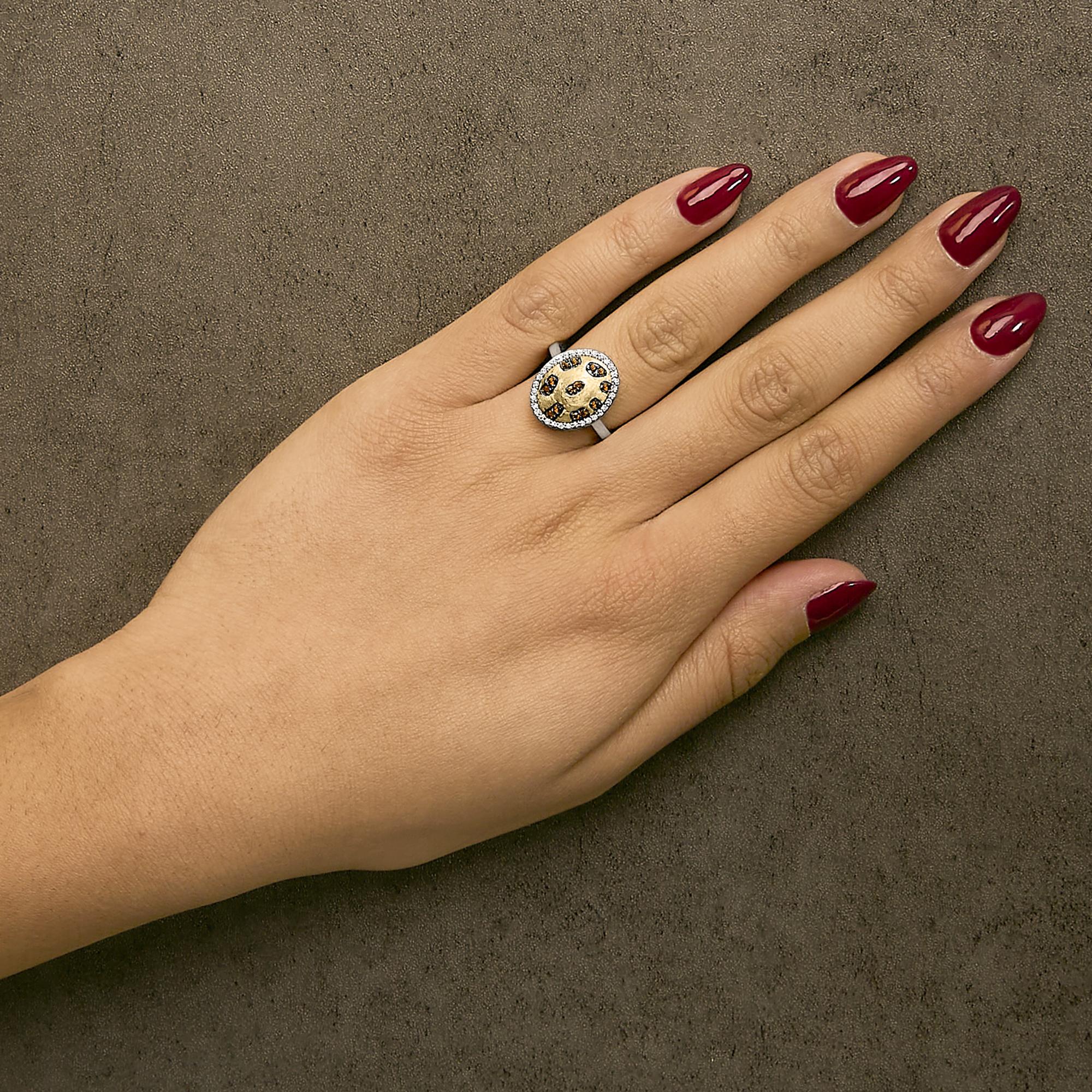 10K Yellow Gold Plated Sterling Silver 1/3 Cttw Oval Mixed Diamond Halo Shield Ring