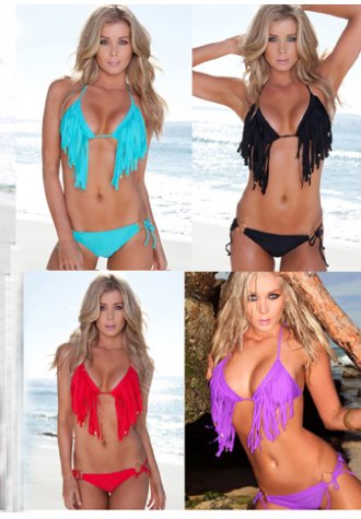 Sexy Fringe Triangle Top Bikini Set With Goldstone Detail