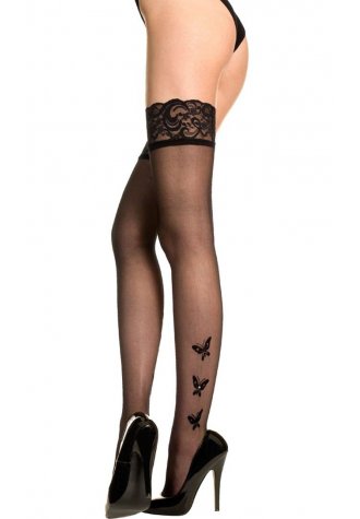Butterfly Pattern Thigh Highs with Lace Top Stockings