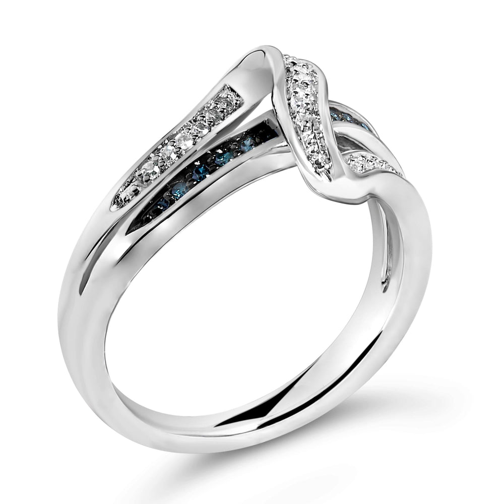 Sterling Silver 1/10 Cttw Blue and White Diamond Crossover Ring