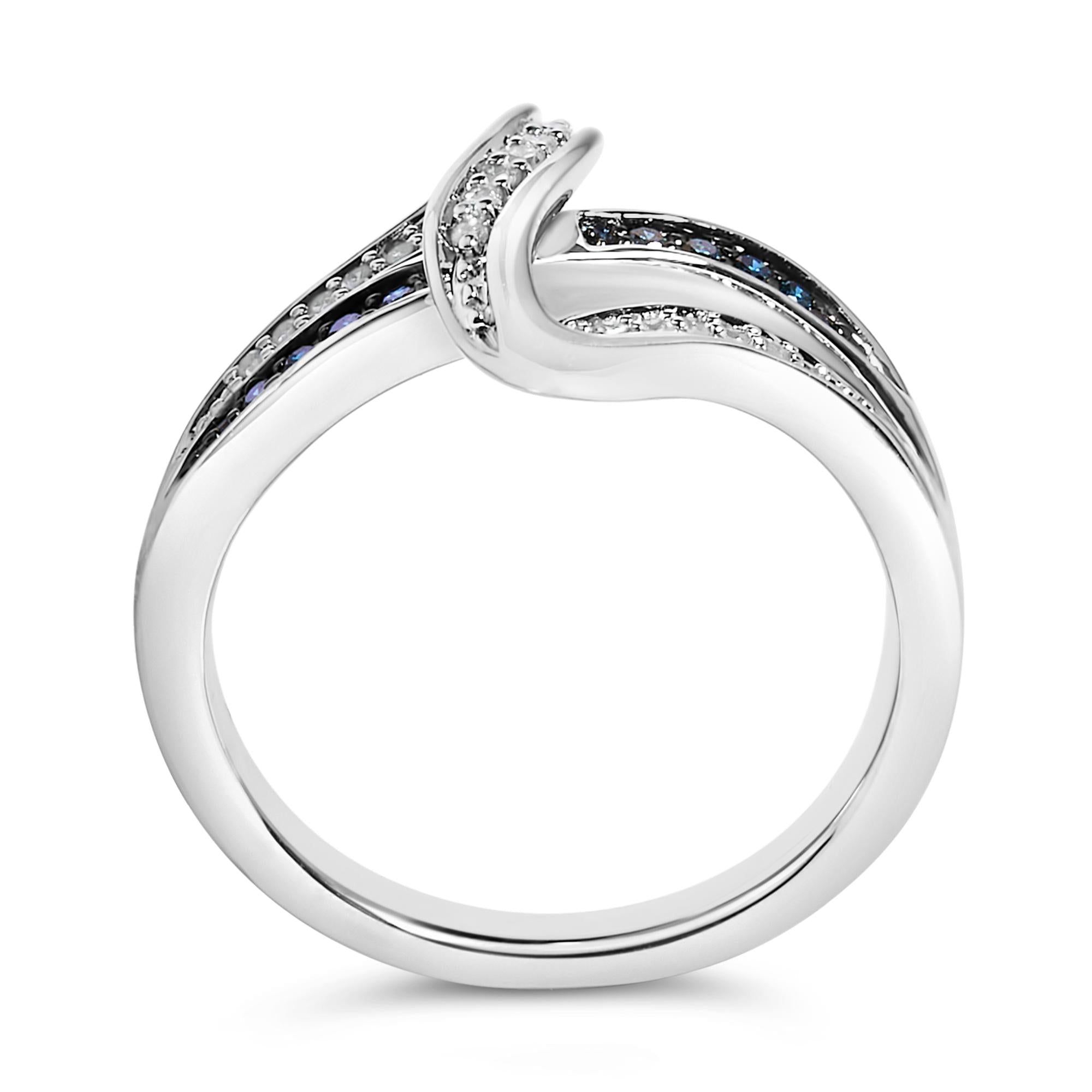 Sterling Silver 1/10 Cttw Blue and White Diamond Crossover Ring