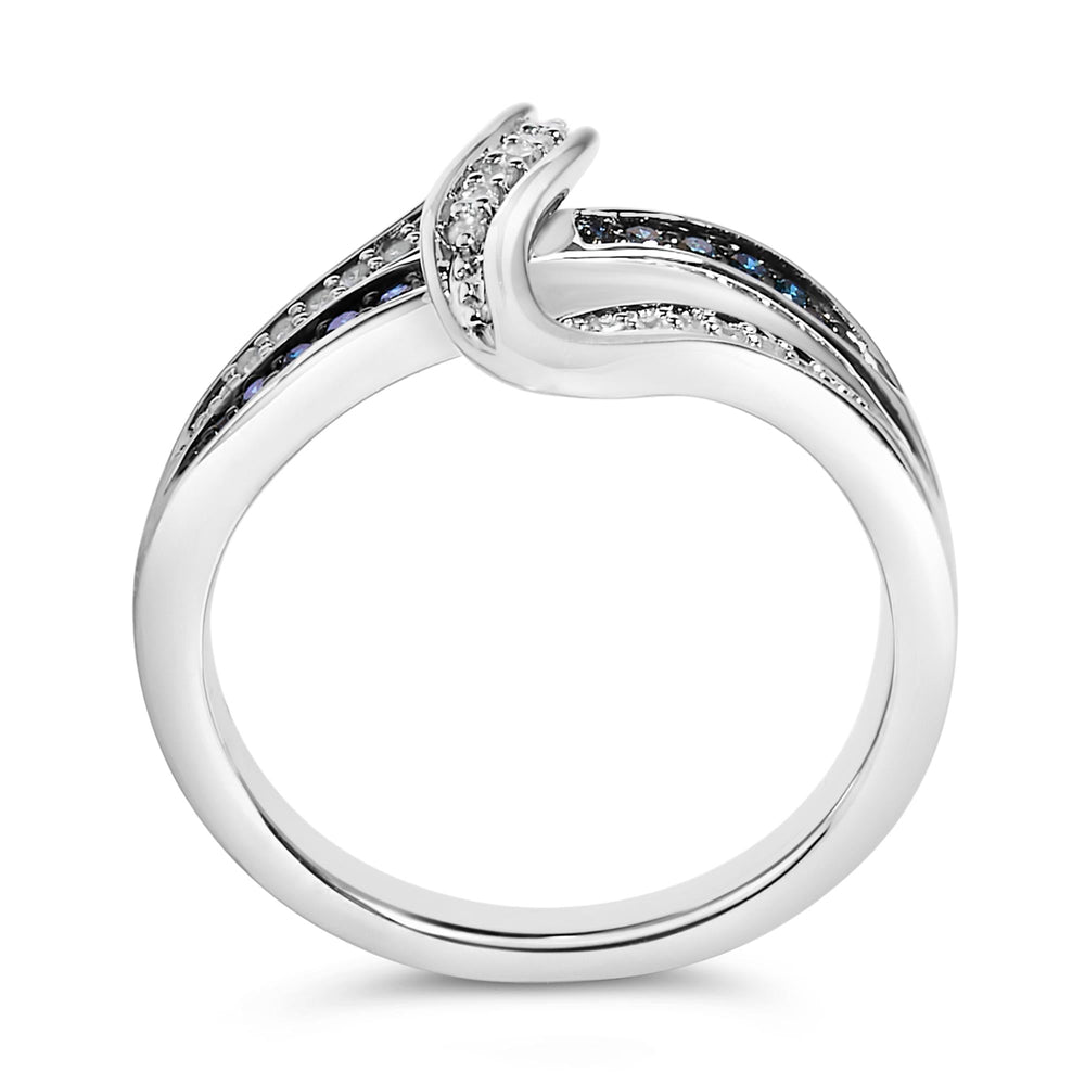 Sterling Silver 1/10 Cttw Blue and White Diamond Crossover Ring