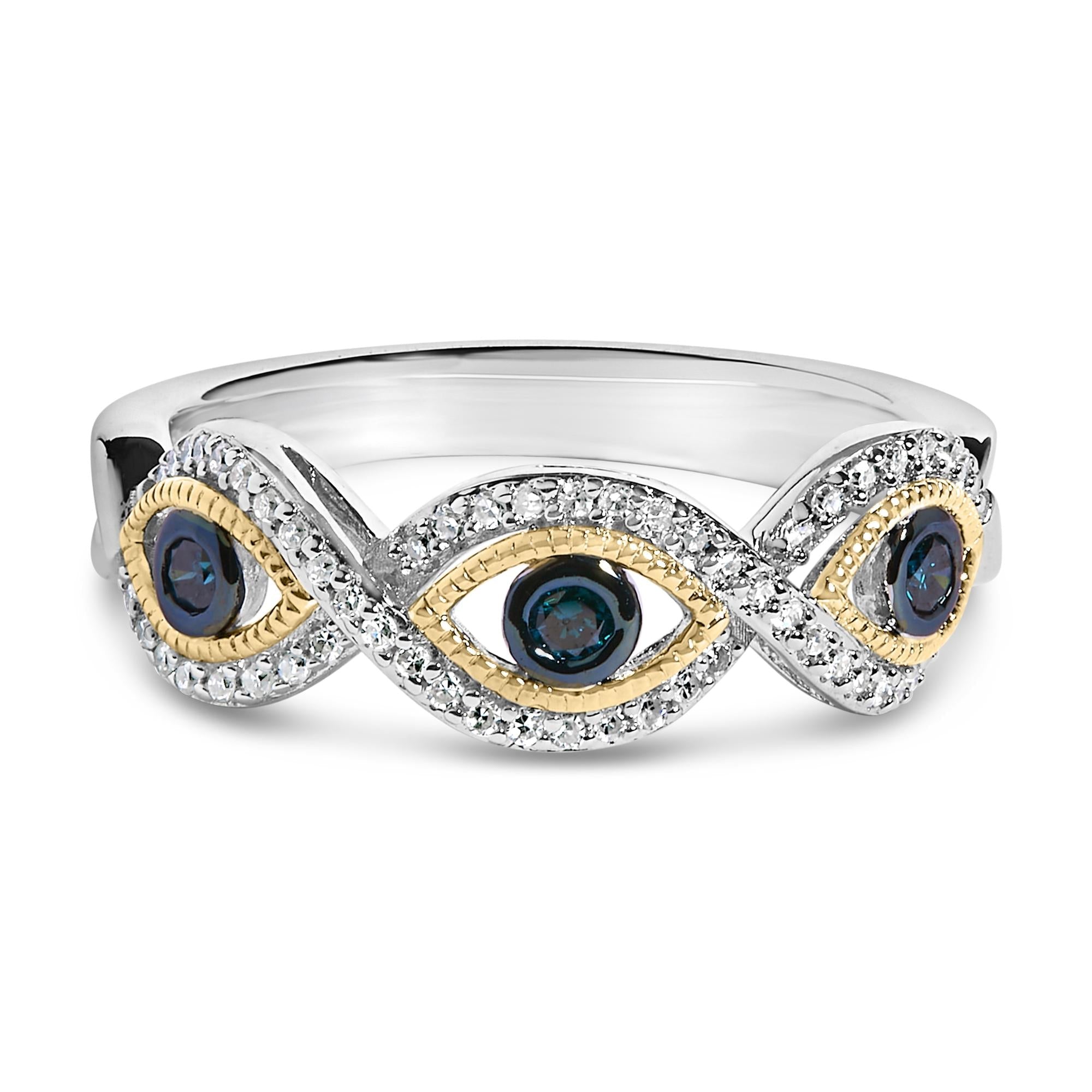 Sterling Silver 1/4 Cttw Blue and White Diamond Evil Eye Band Ring