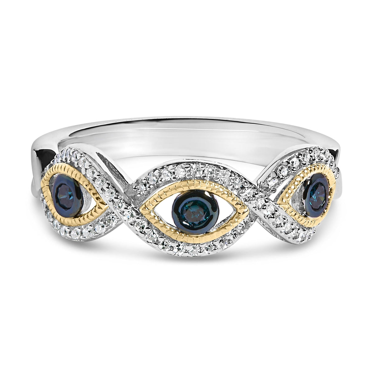 Sterling Silver 1/4 Cttw Blue and White Diamond Evil Eye Band Ring