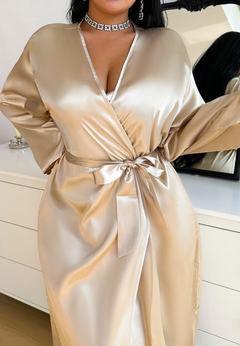 Elegant Beige Satin Robe with Waist Tie