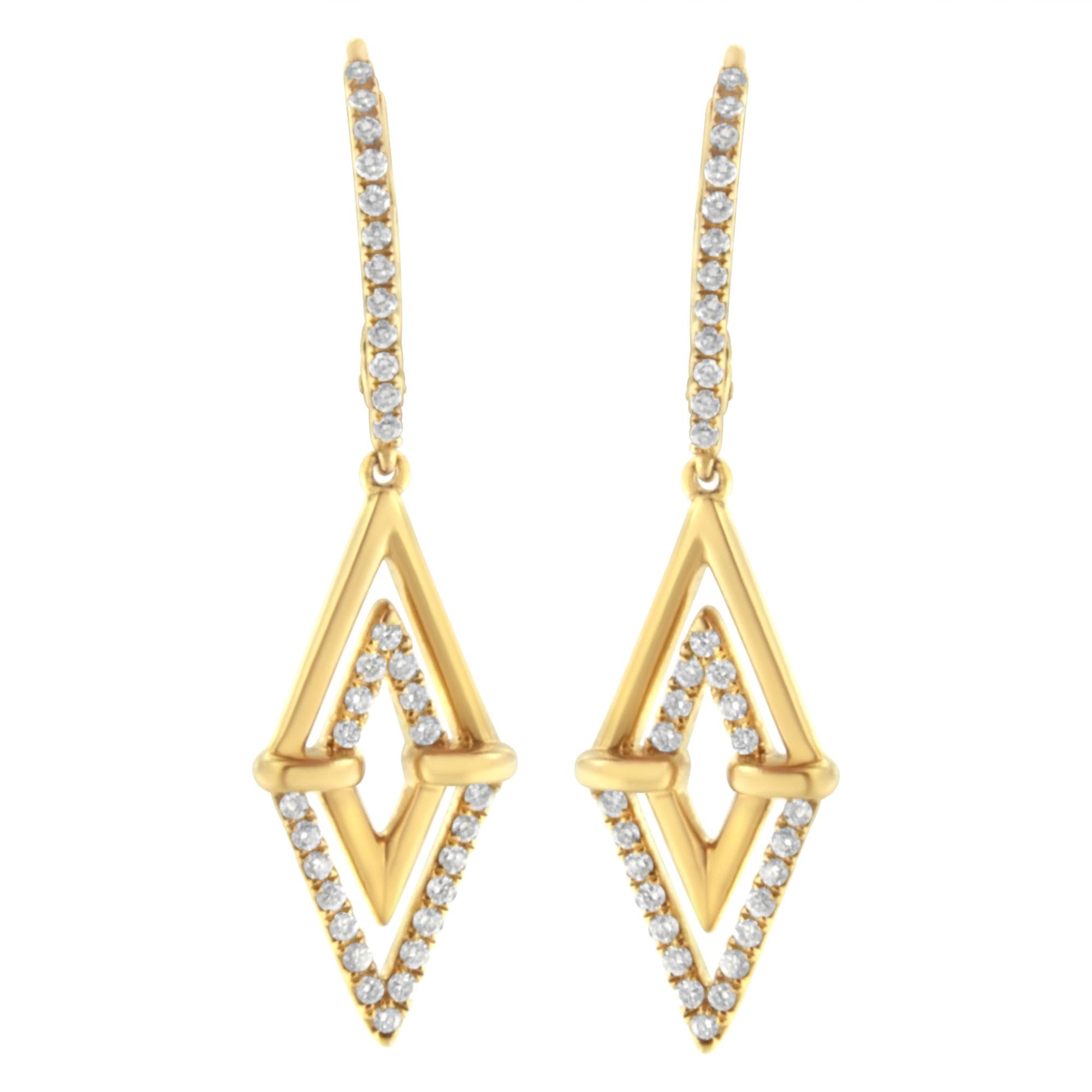 14K Yellow Gold 3/8 Cttw Double Triangle Drop and Dangle Diamond Earrings (G-H Color, SI1-SI2 Clarity)