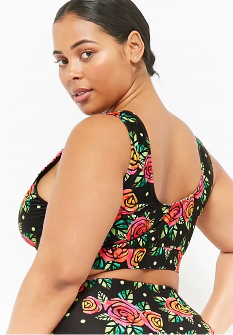 Plus Size High Leg High Waist Rose Crop Tank Bikini Swimsuit