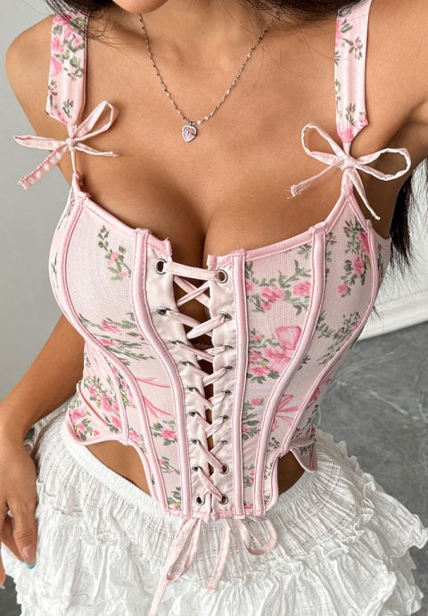 Romantic Floral Corset Top with Lace-Up Detail