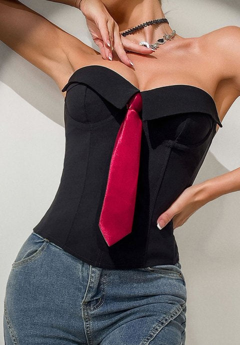 Sultry Black Corset Top with Red Tie