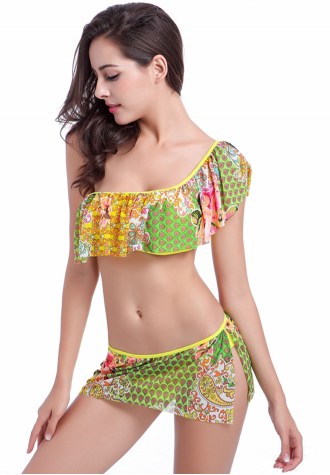 Floral Printed One Shoulder Bikini Swimming Suit