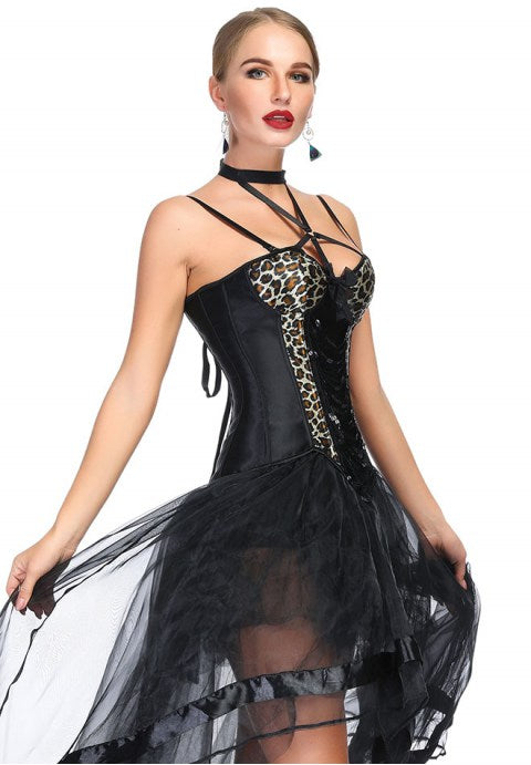 Leopard & Sequin Burlesque Corset With High Low Skirt