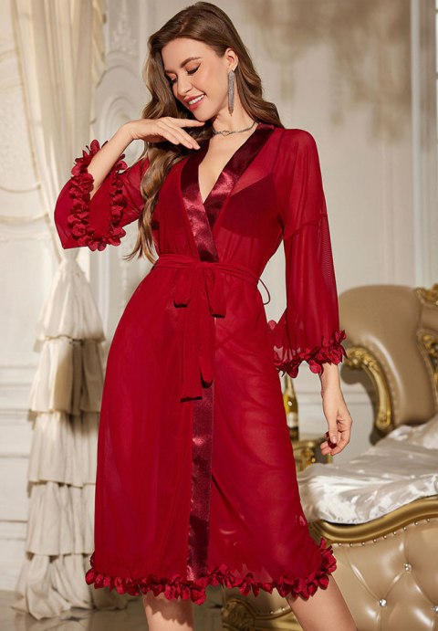 Sophisticated Red Mesh and Satin Robe Set