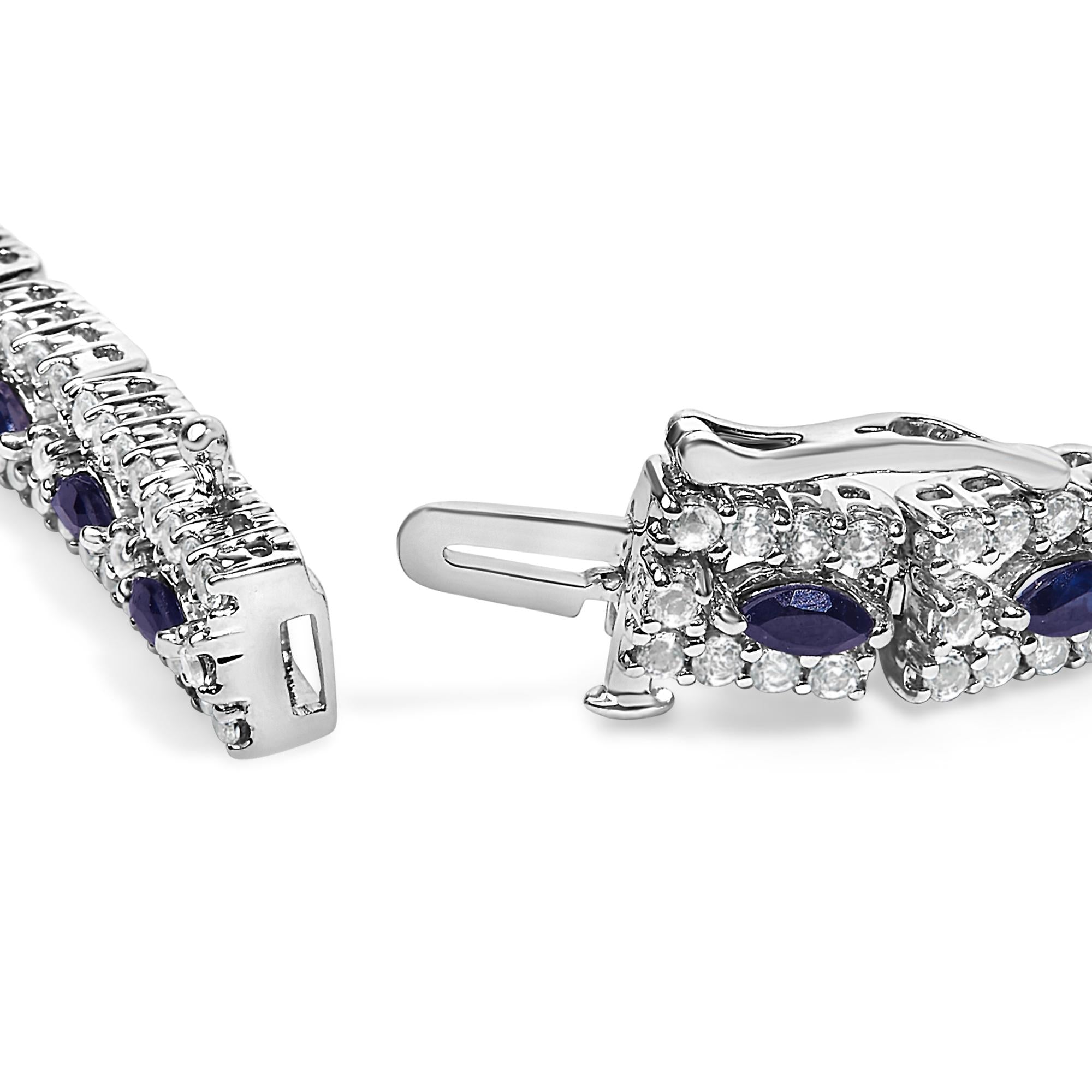 Sterling Silver Dark Blue Sapphire and Topaz Marquise Floral Art Deco Link Bracelet