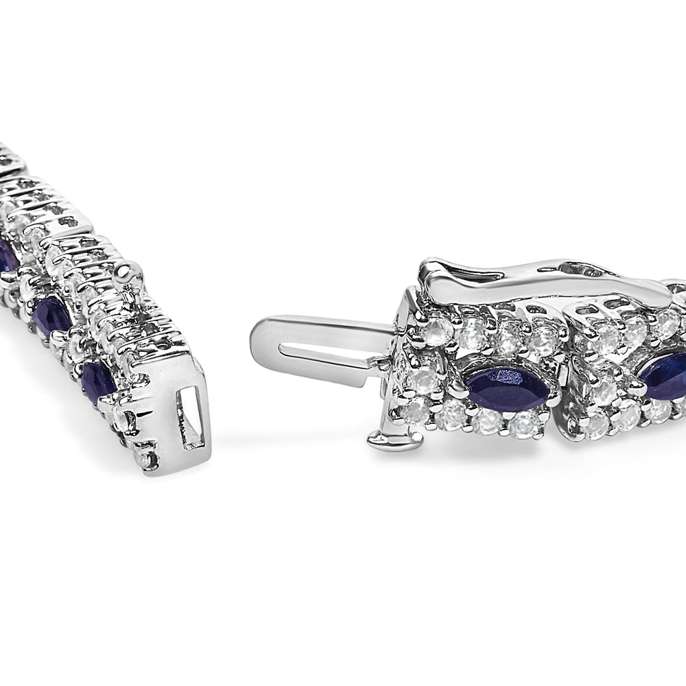 Sterling Silver Dark Blue Sapphire and Topaz Marquise Floral Art Deco Link Bracelet