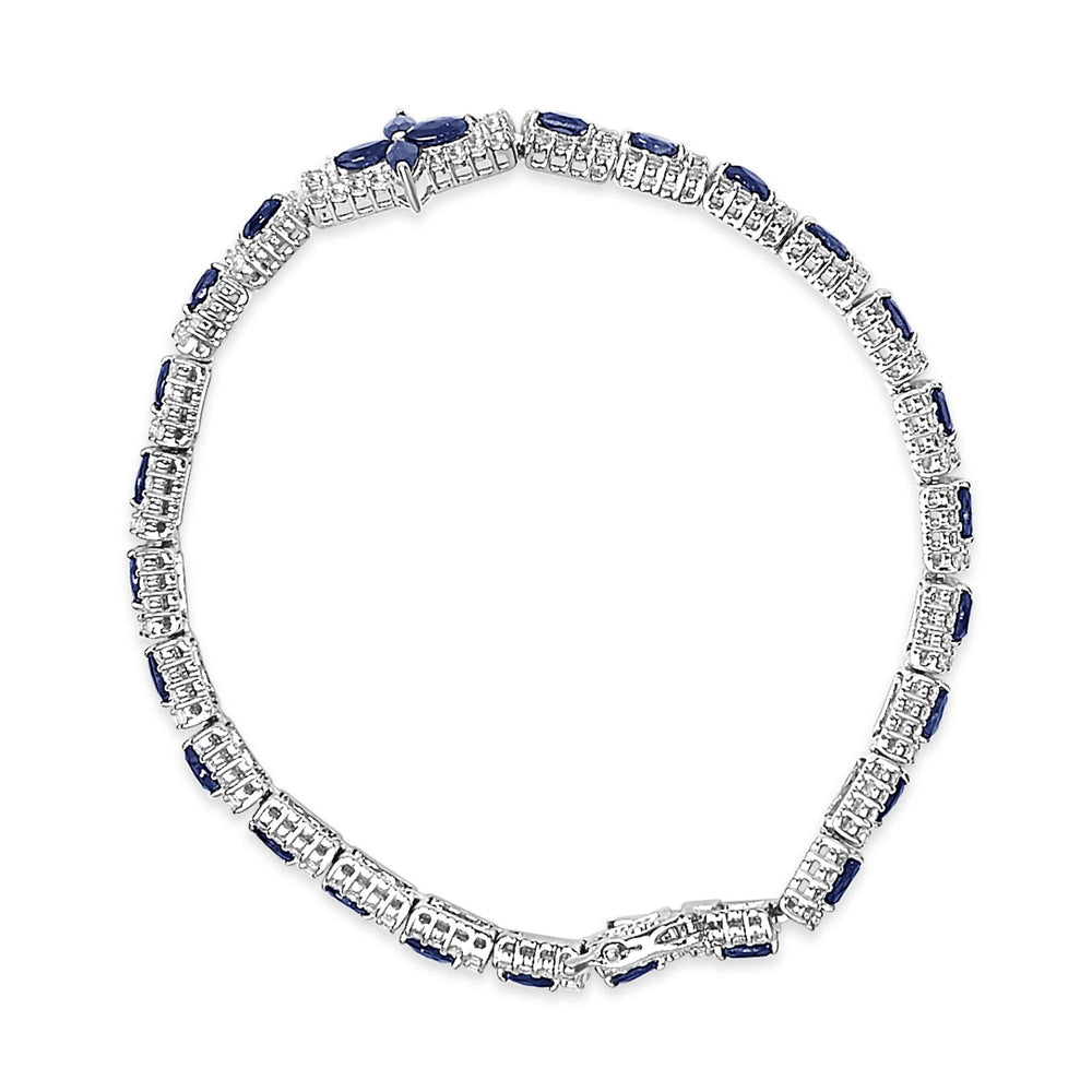 Sterling Silver Dark Blue Sapphire and Topaz Marquise Floral Art Deco Link Bracelet
