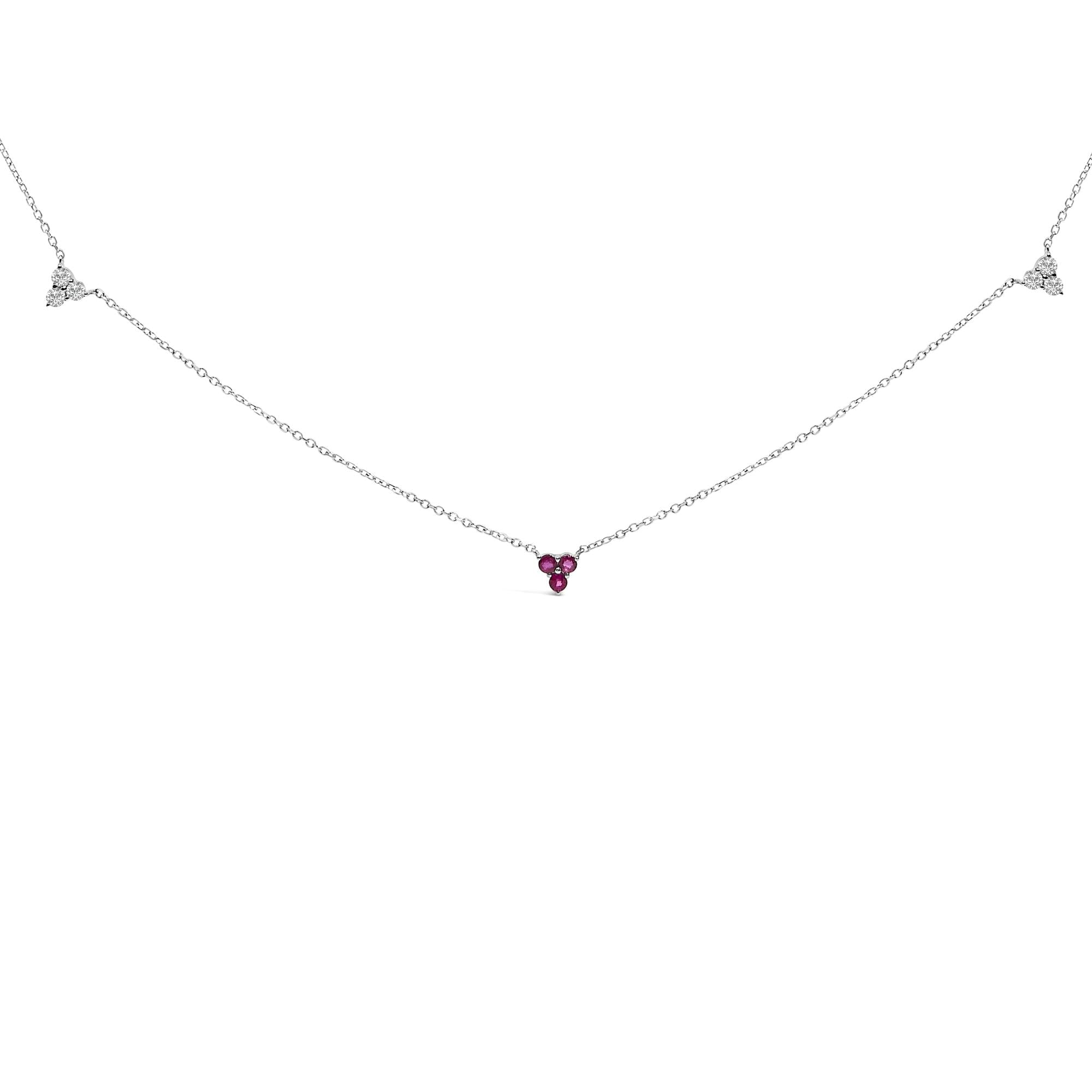 14K White Gold 1/5 Cttw Diamond and Ruby Tri Station Necklace
