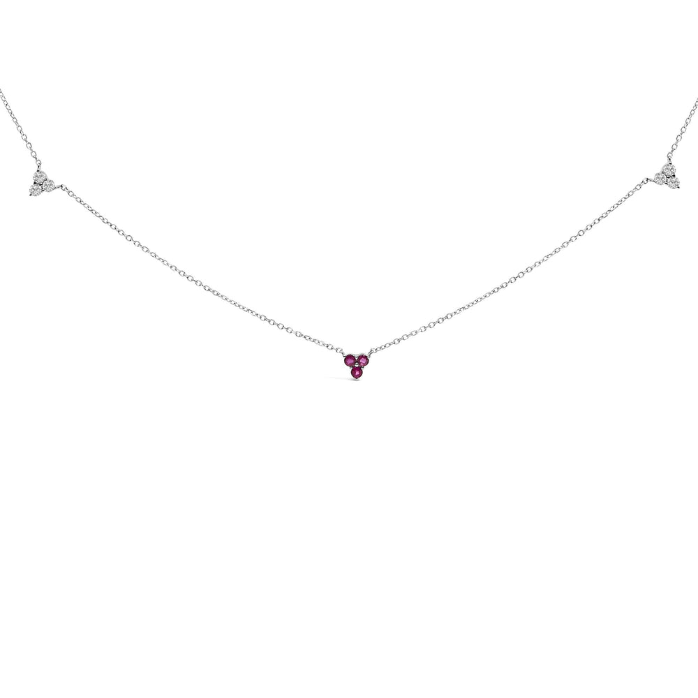 14K White Gold 1/5 Cttw Diamond and Ruby Tri Station Necklace