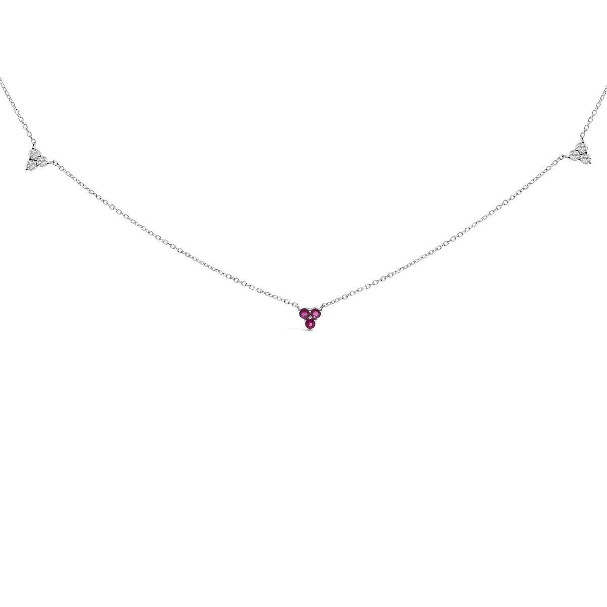 14K White Gold 1/5 Cttw Diamond and Ruby Tri Station Necklace
