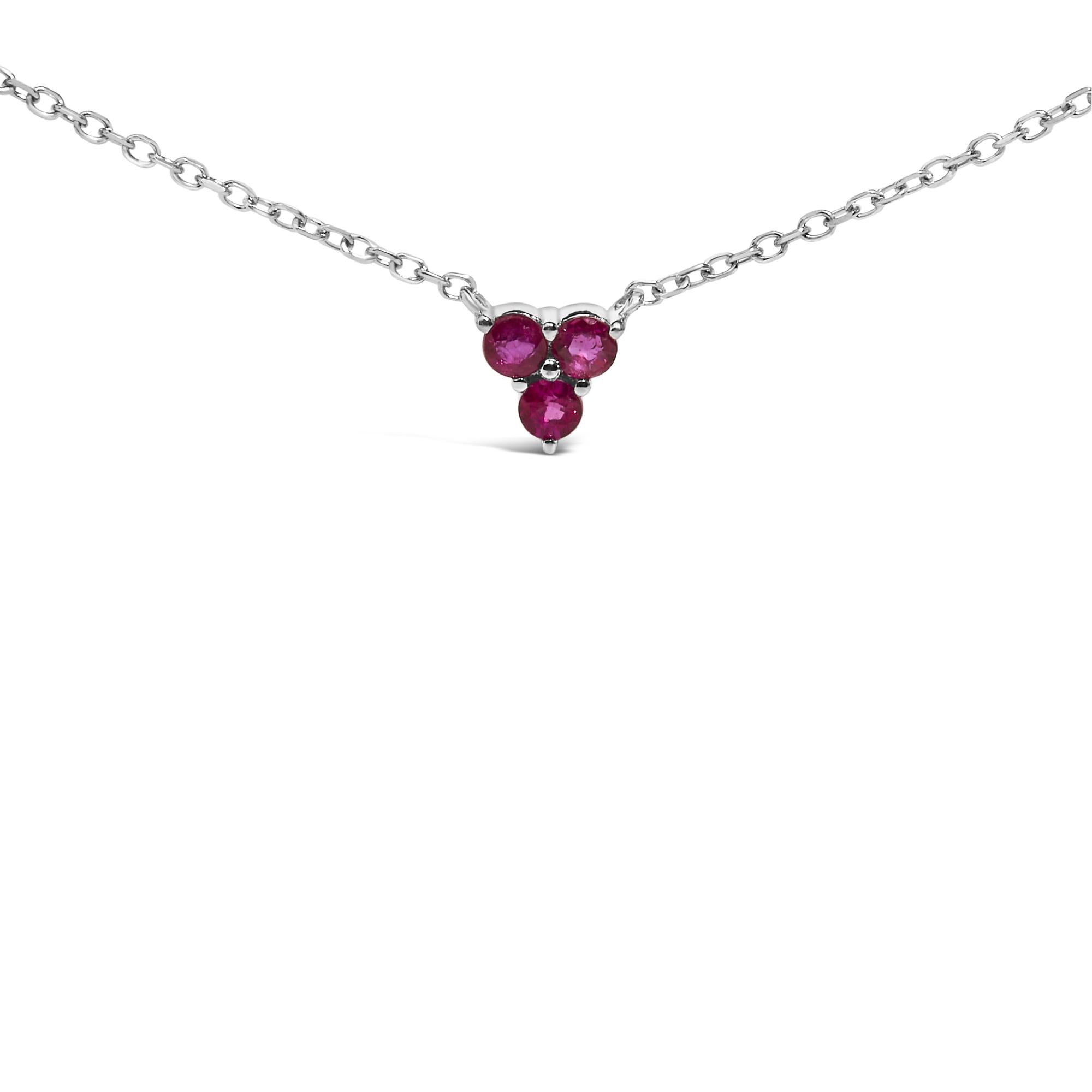 14K White Gold 1/5 Cttw Diamond and Ruby Tri Station Necklace